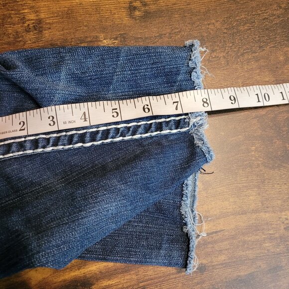 LA Idol Cut Off Denim Shorts Size 11 Low Rise Raw Hem Thick Stitch Button Flaps - Picture 8 of 9